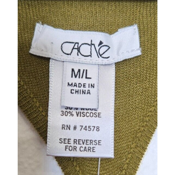 Cache Y2K Cardigan Vest M/L Olive Green Wool Slouchy Open Chain Back Sweater Top - Picture 6 of 9